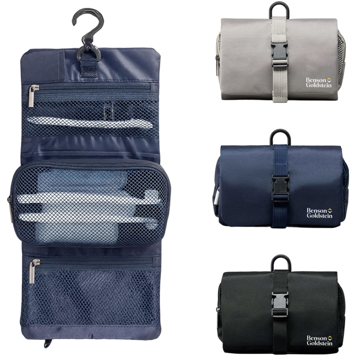 A folding travel toiletry bag in grey, navy, and black featuring zipper compartments and a hanging hook. It has a logo.