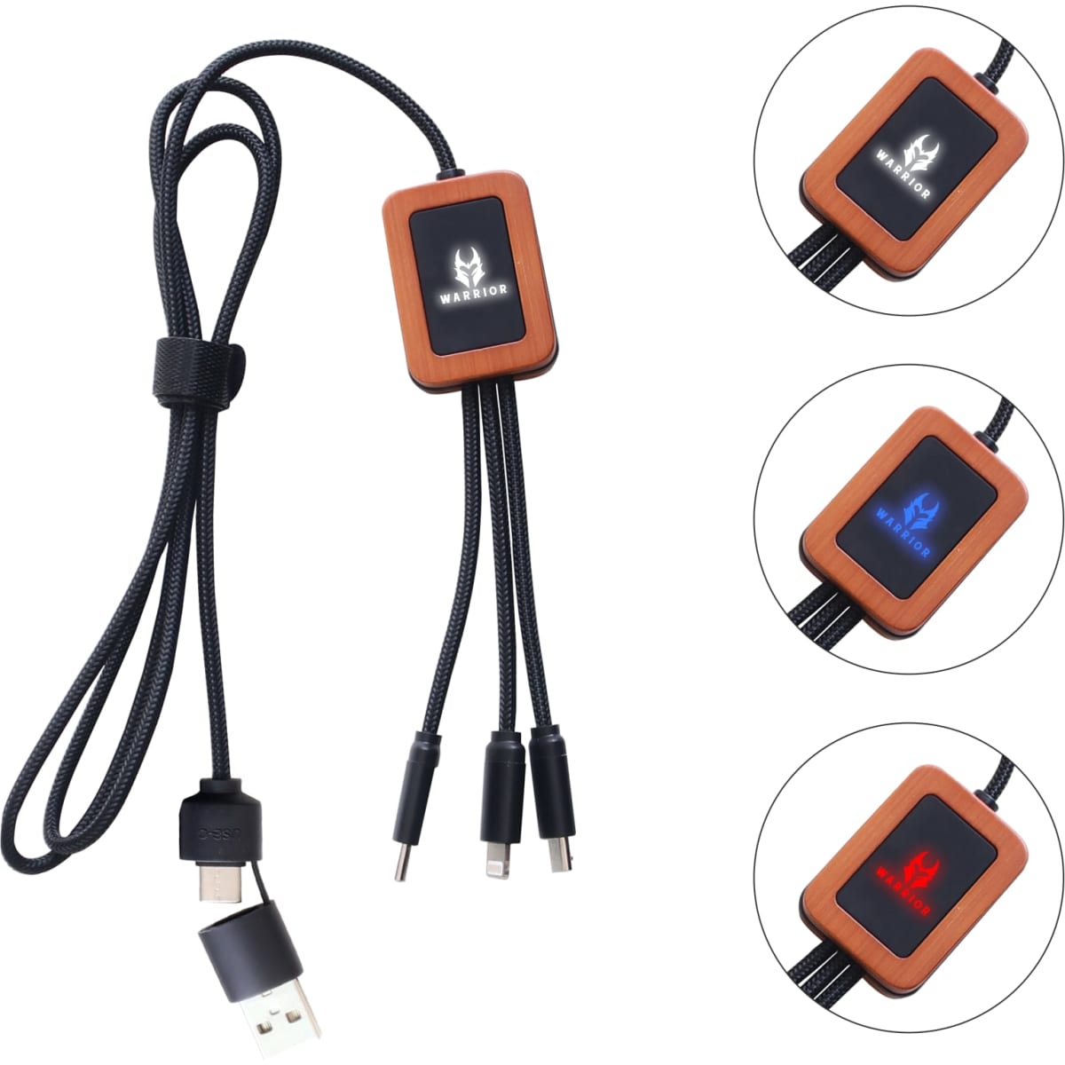 A long light-up charging cable in black and wood finish with multiple charging tips and a logo on the connector.