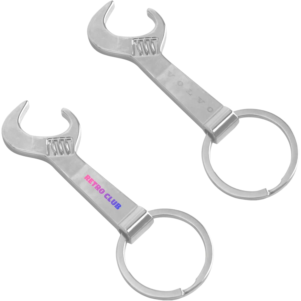 A drink bottle opener in the shape of a silver wrench, featuring a keyring and a logo.
