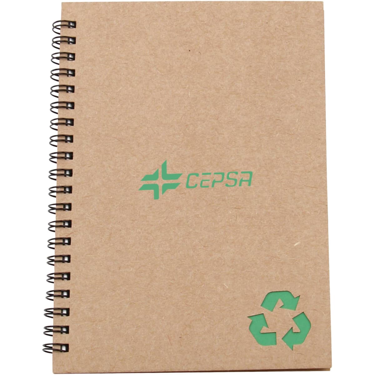A brown spiral-bound notebook featuring a recycling symbol and a logo on the front cover.