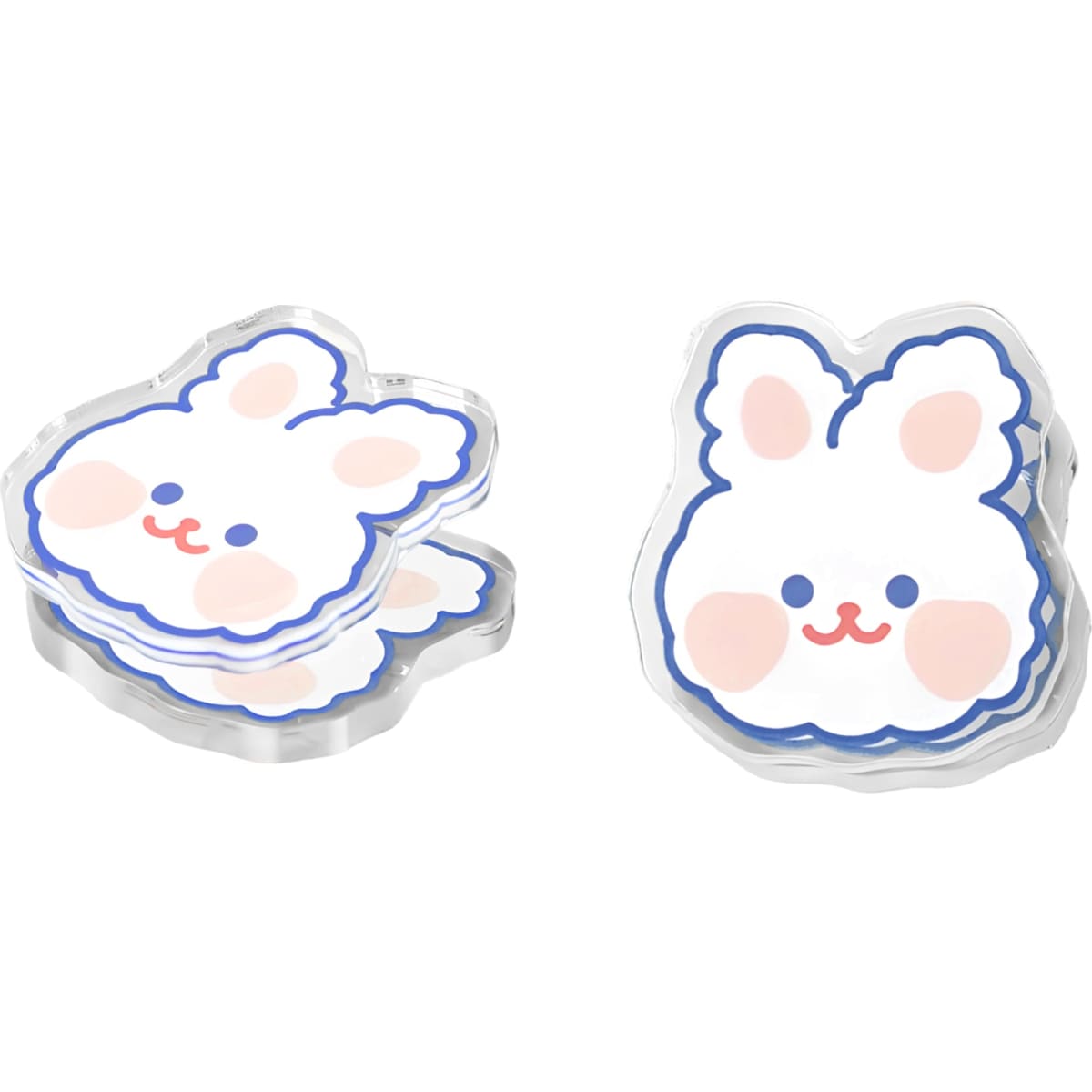Acrylic UV print clips shaped like cute bunny faces in white, pink, and blue, stacked together.