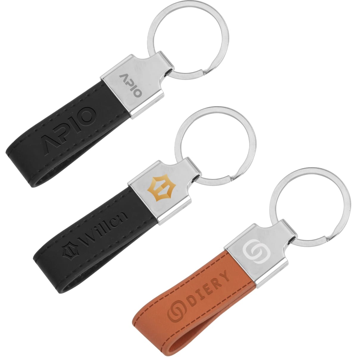 A set of three PU leather keyrings in black, brown, and orange, each featuring a metal keyring and a logo.