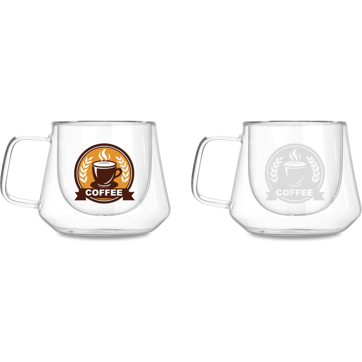 A diamond-shaped double wall glass mug with a handle, featuring a logo on two sides.