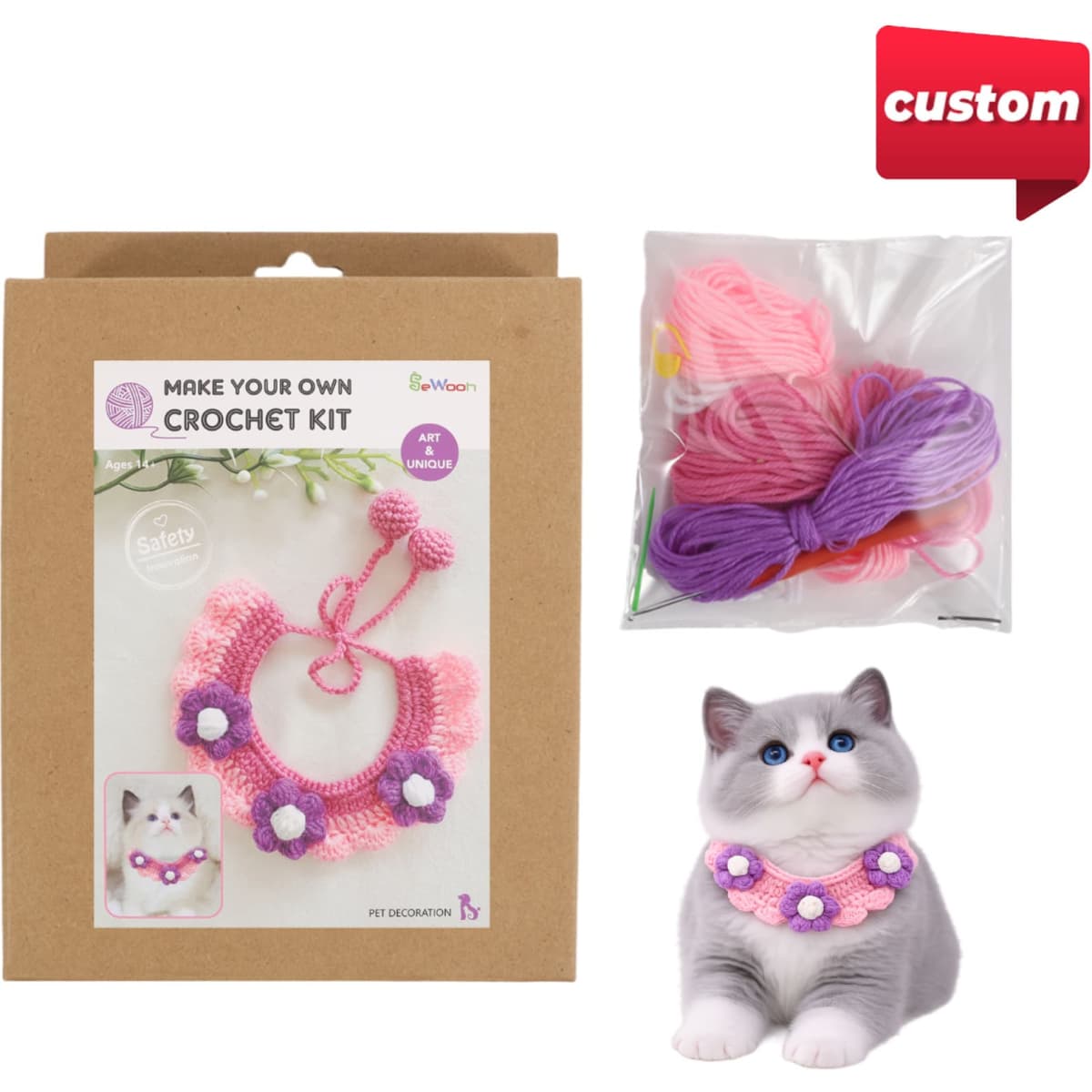 A crochet kit for pets featuring pink, purple, and white yarn with a boxed pattern design and an accompanying cat model.