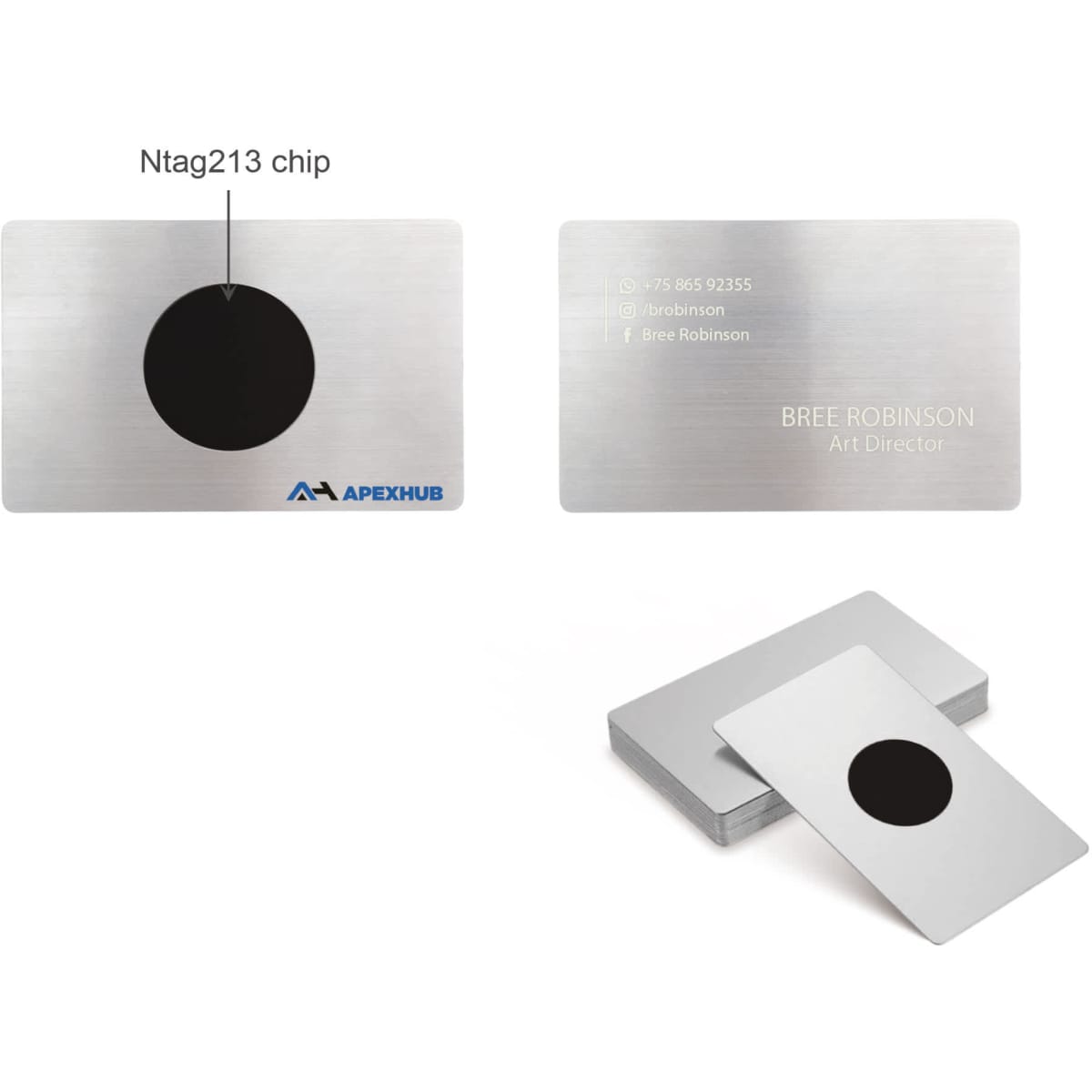 A stainless steel business card with a black NFC chip, featuring a logo and personal details on one side.