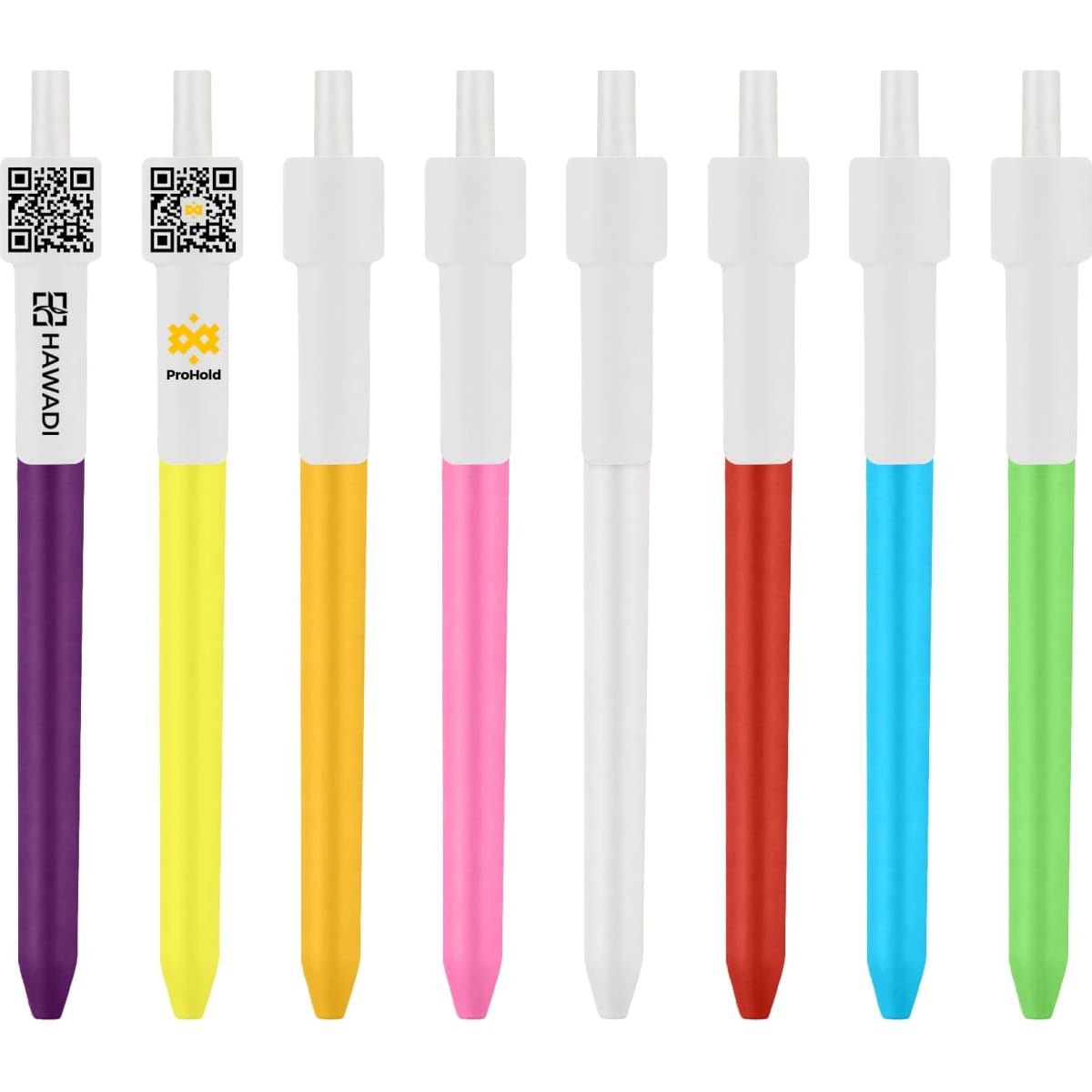 A selection of colourful click pens in purple, yellow, pink, red, blue, and green, featuring QR code designs and logos.