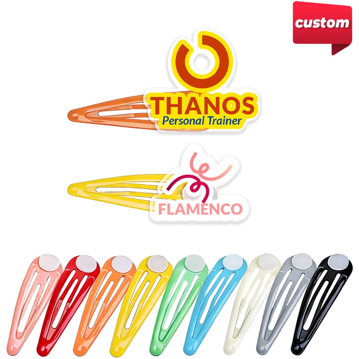 Colourful hair clips in various hues, featuring a logo and branding. Includes orange, red, green, blue, and more.