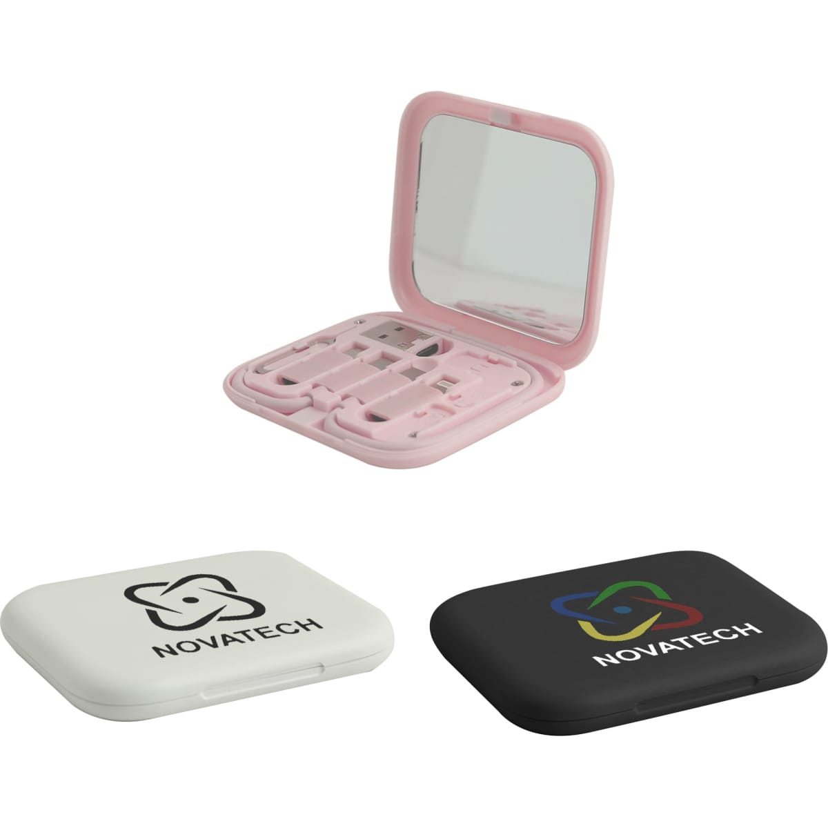 A compact mirror with a pink case, featuring two additional cases in black and white, all with logos.