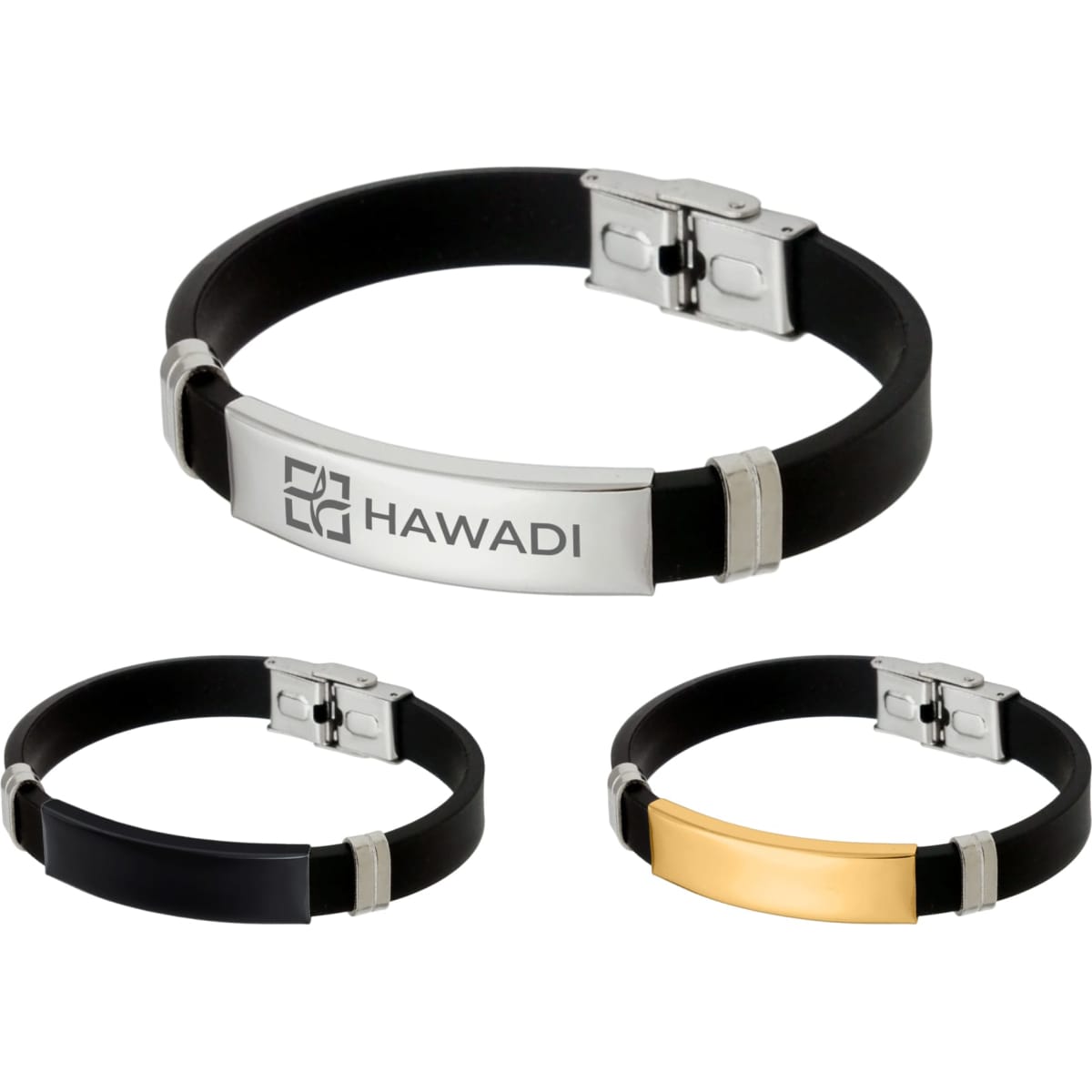 A metal buckle latch bracelet in black with silver and gold accents, featuring a logo on the central metal plate.