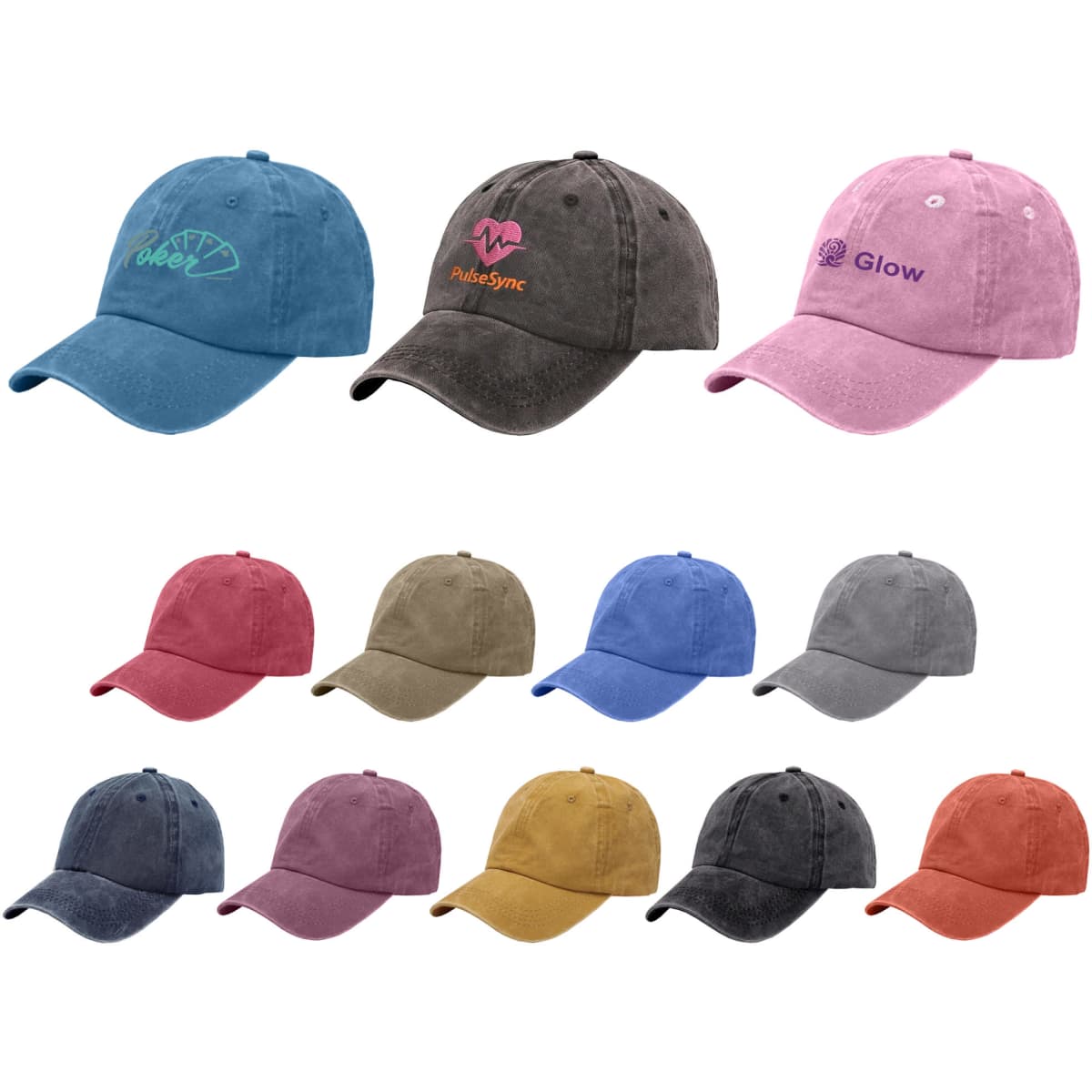 A collection of six vintage washed baseball caps in various colours, featuring different logos on the front.
