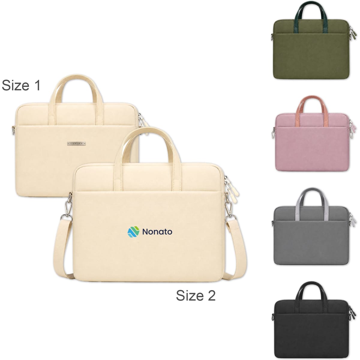 A laptop bag with a buffer pad, available in cream, grey, green, pink, and a muted tone, featuring a logo.