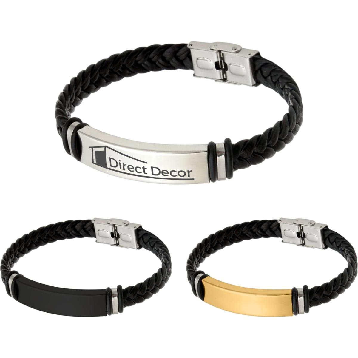 A leather twine bracelet featuring a braided black design with metal accents in silver, gold, and black. It includes a logo.
