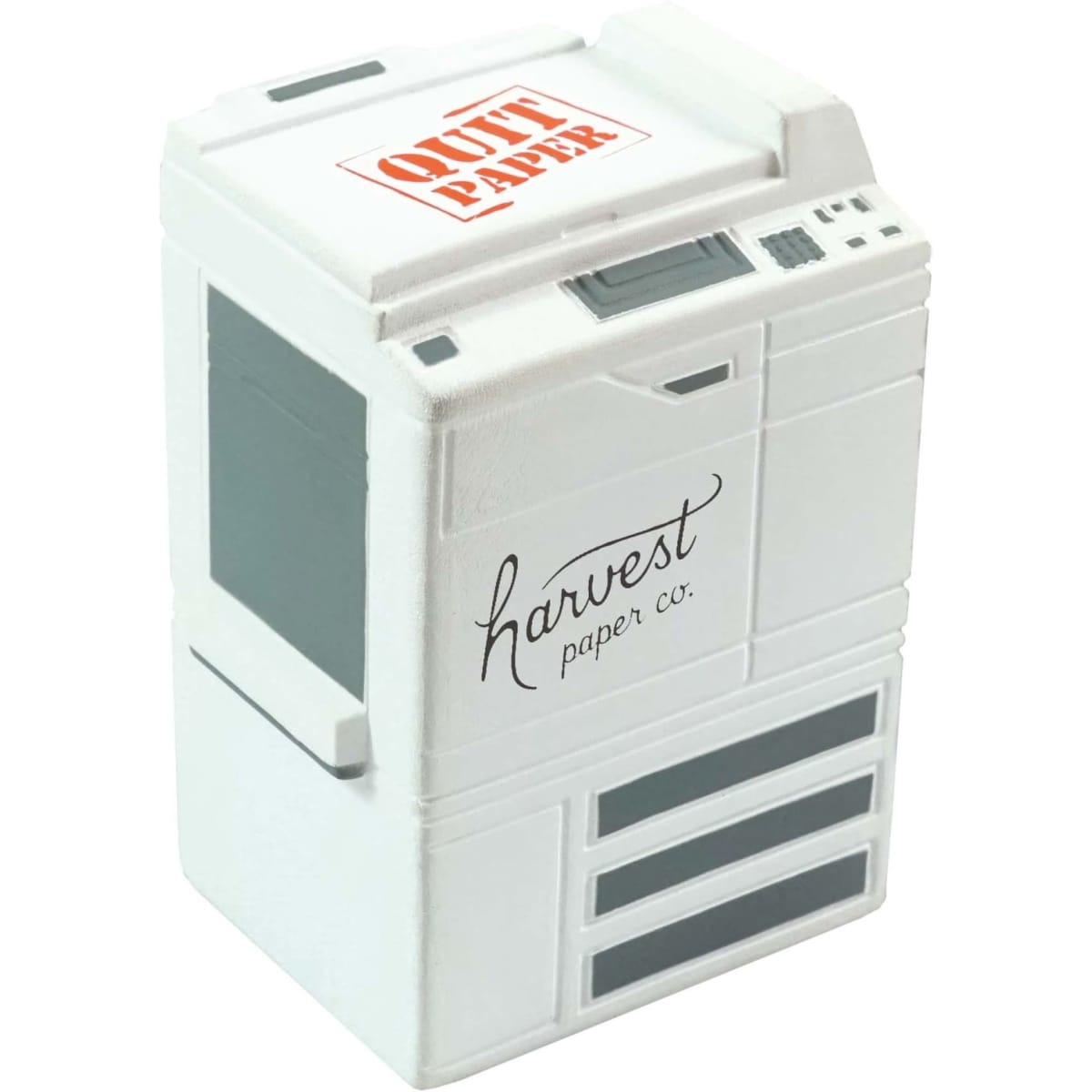 A white photocopier-shaped stress reliever with grey accents and a logo on the side.