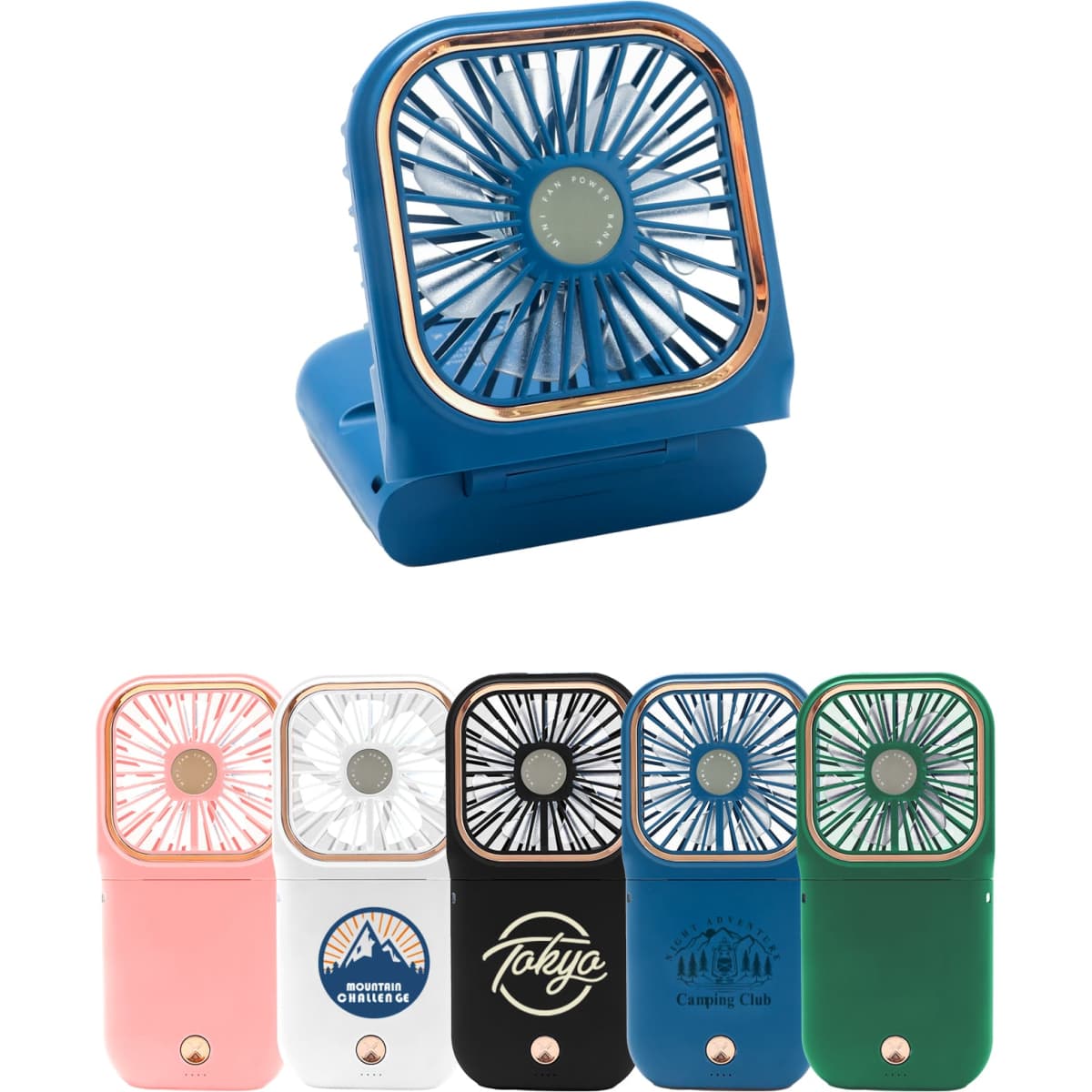 A blue folding neck fan with a phone stand, alongside fans in pink, black, white, and green. Each fan features a visible logo.