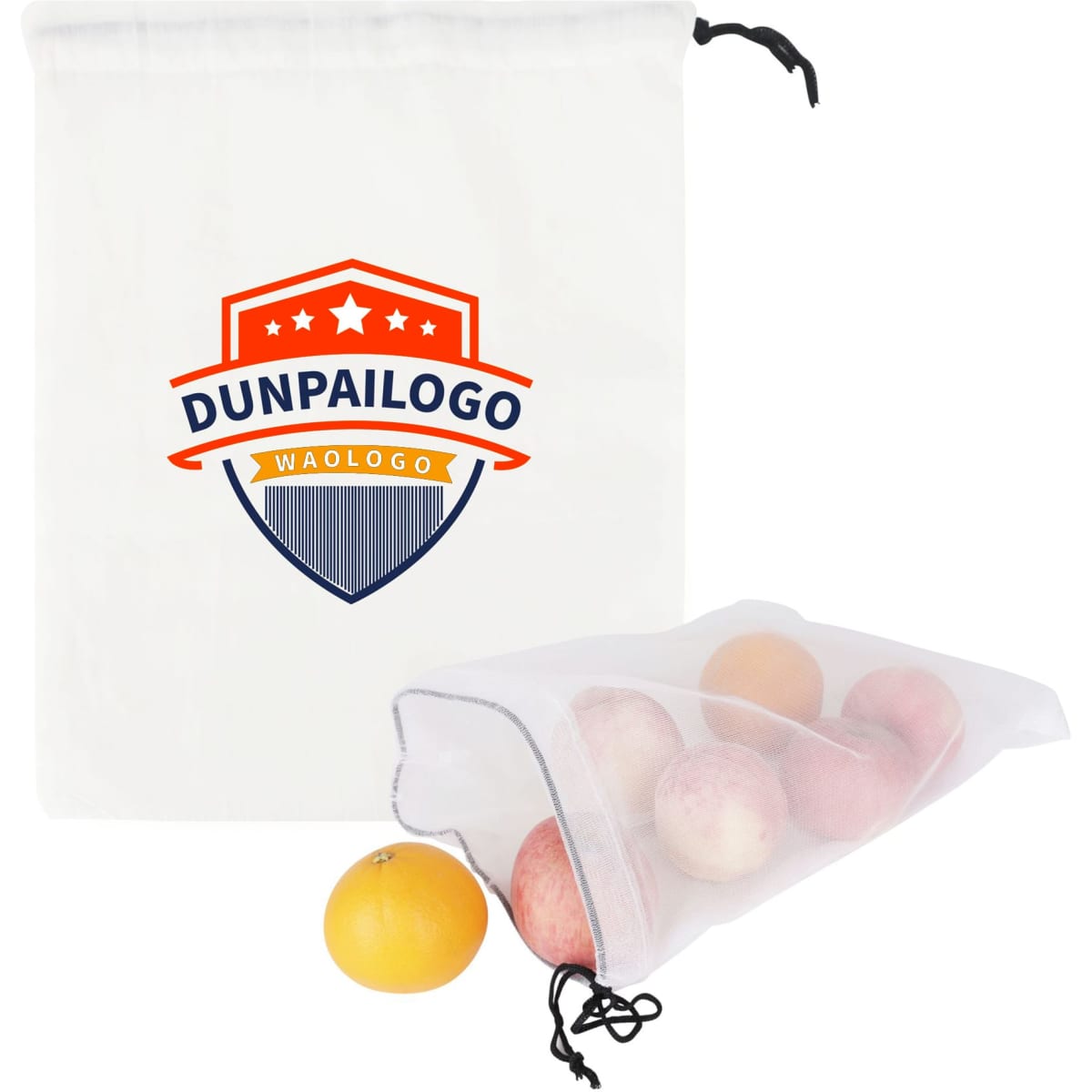 A beige cotton mesh produce bag with a drawstring, containing assorted fruits like apples and an orange.