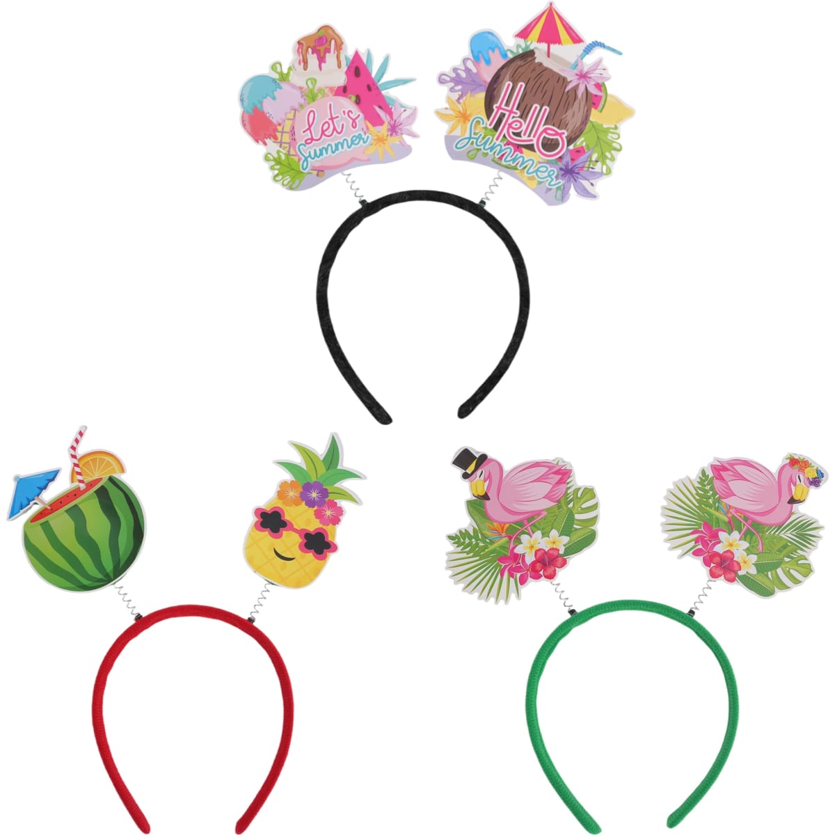 A headband with colourful summer-themed decorations, featuring fruit, flowers, and tropical designs in pink, green, and black.