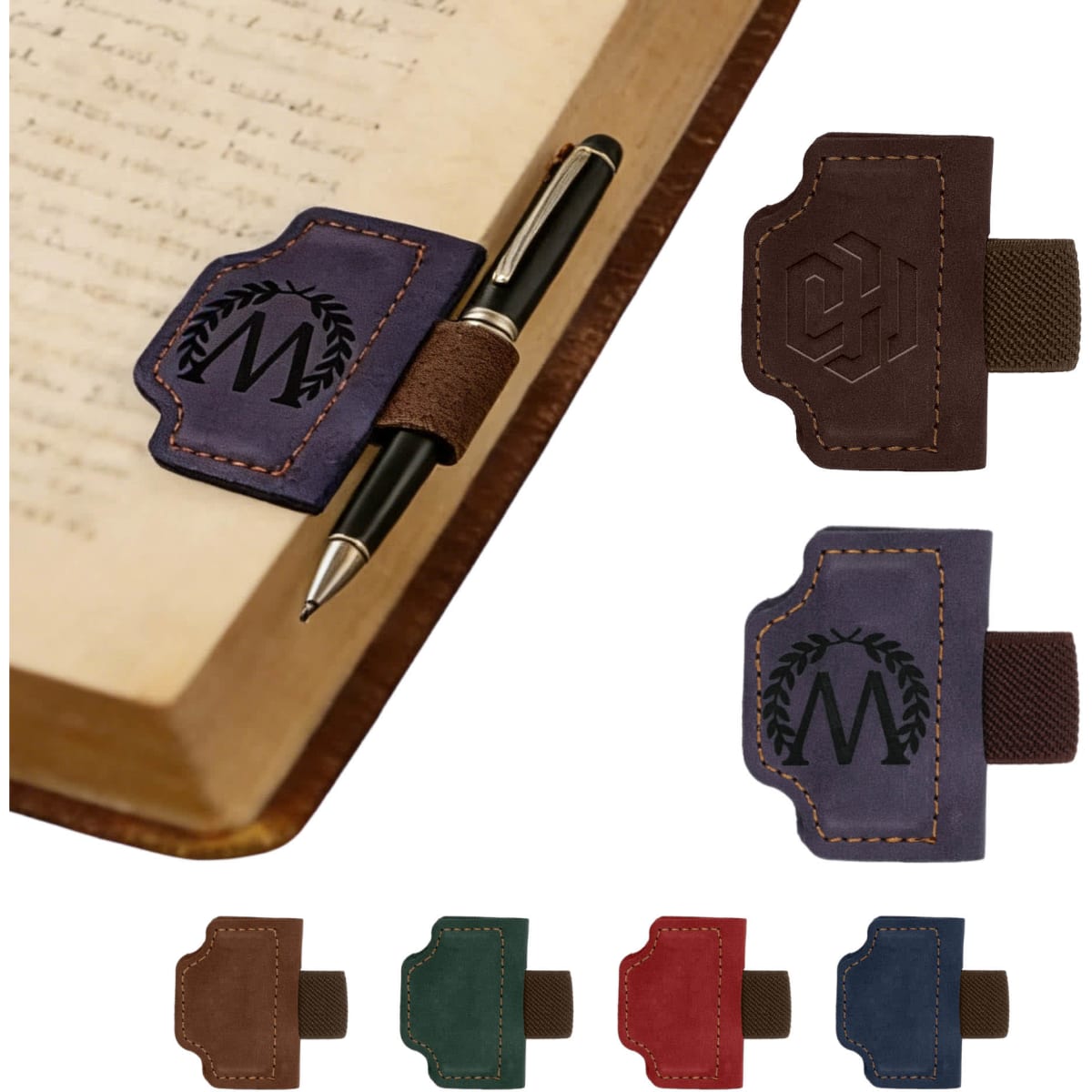A magnetic bookmark with pen clip in brown, featuring logos, alongside options in navy, green, red, and black.