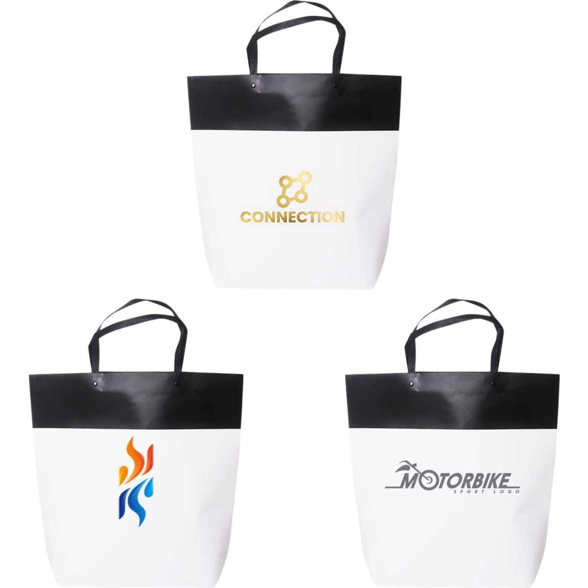 A large black and white paper bag featuring various designs and logos. It has two handles for carrying.