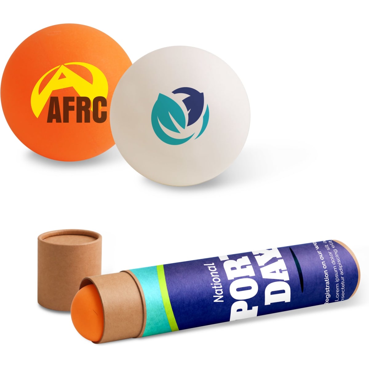A table tennis ball set featuring two balls in orange and white, packaged in a cylindrical cardboard tube.