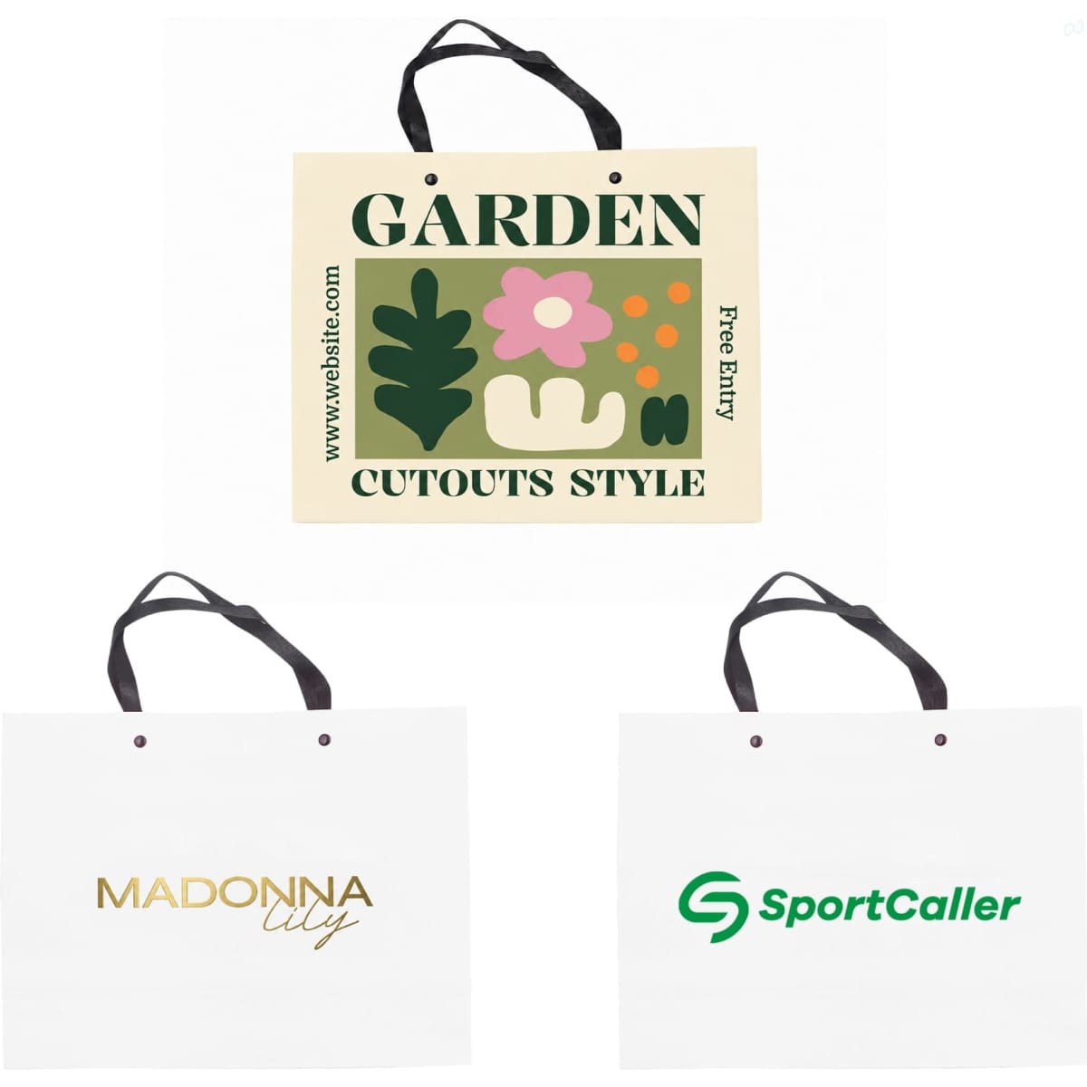 A cream knitted handle bag with black handles, featuring floral graphics and branding in various colours.