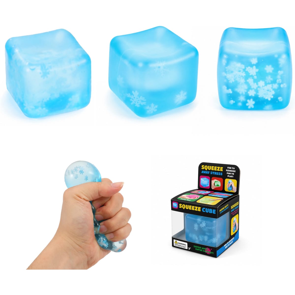 A blue stress relief cube with snowflake designs, accompanied by a hand squeezing it and its retail box.