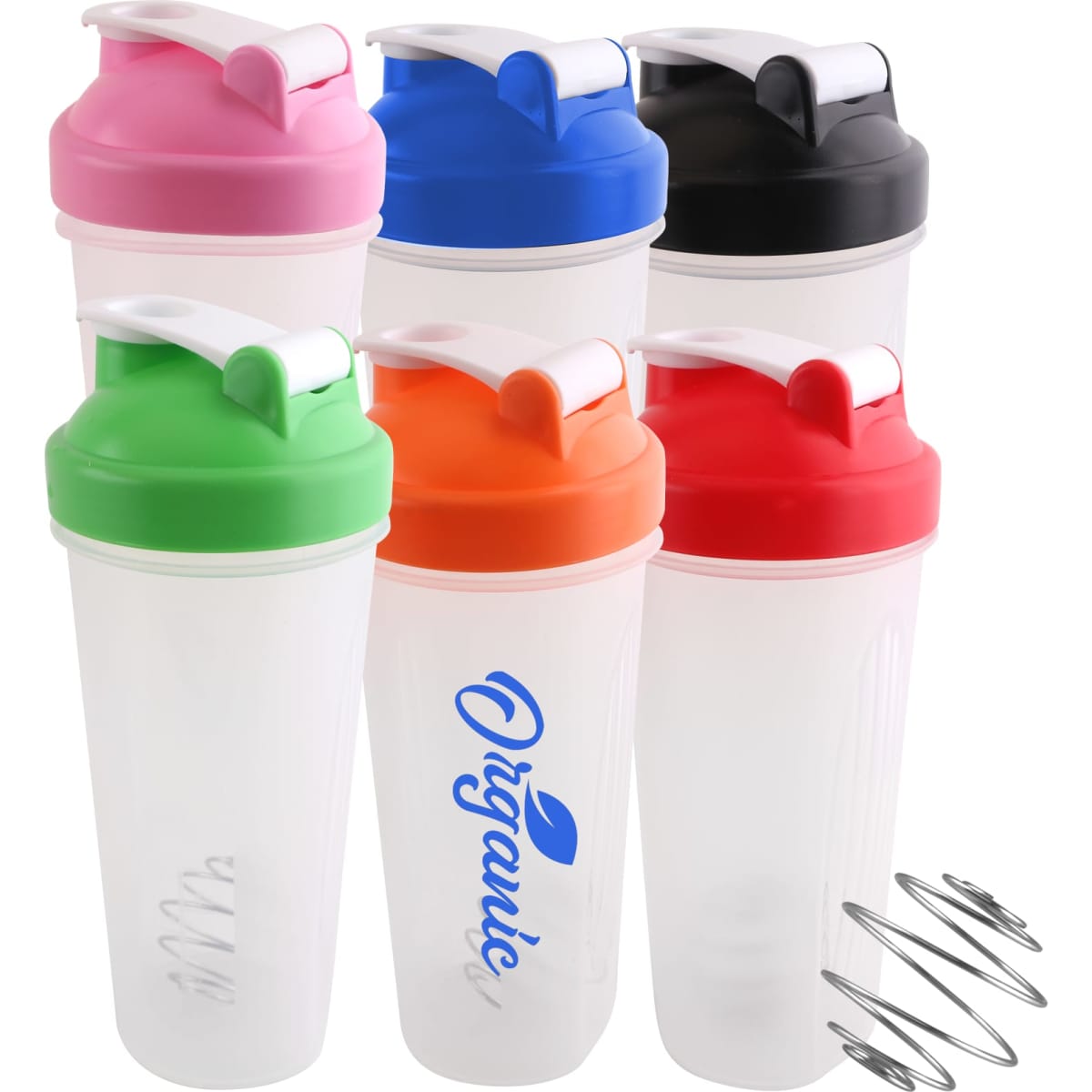 A drink bottle set featuring six BPA-free fitness shaker bottles in pink, blue, black, green, orange, and red, with a metal whisk.
