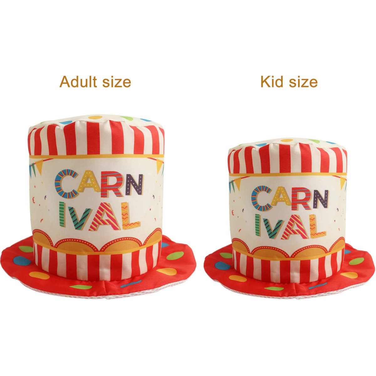 Two custom digital printed top hats in adult and kid sizes, featuring a striped design with bright colours and circular patterns.