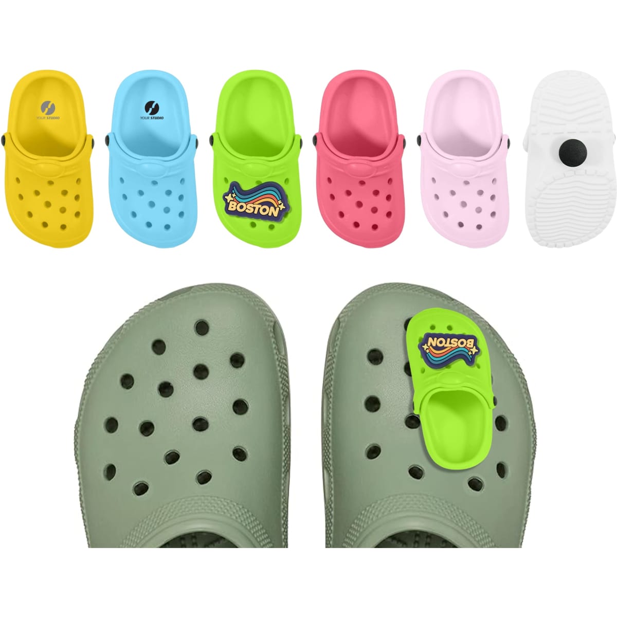A pair of grey clogs with colourful shoe-shaped charms in yellow, blue, green, pink, and red displayed above.