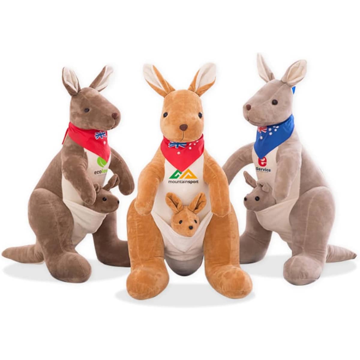 Plush kangaroo toys in brown and grey, featuring scarves and a baby kangaroo in a pouch. Each has a logo.