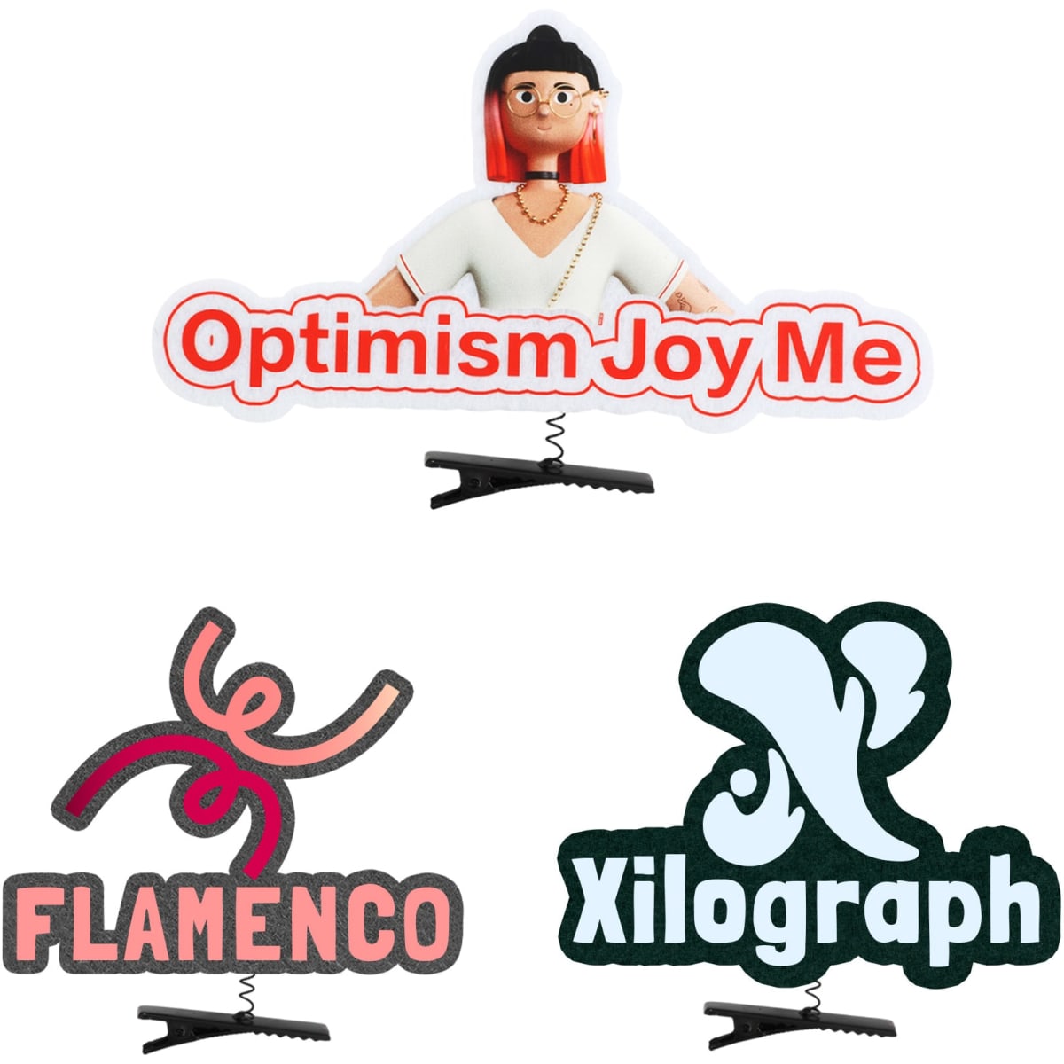 A collection of three promotional signs, featuring vibrant colours and playful designs, each mounted on clips.