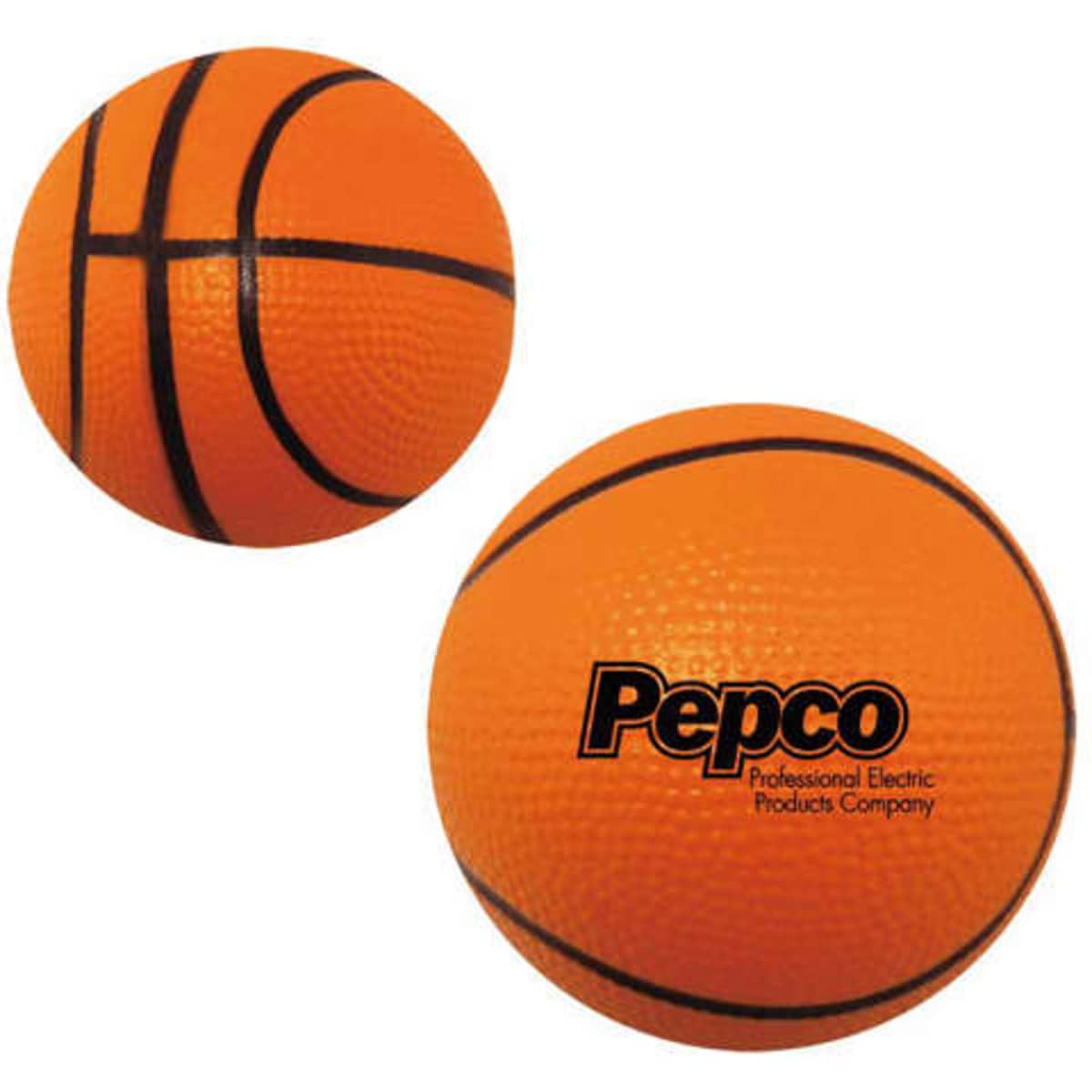 An orange 100mm basketball-shaped stress reliever with a textured surface and a logo.