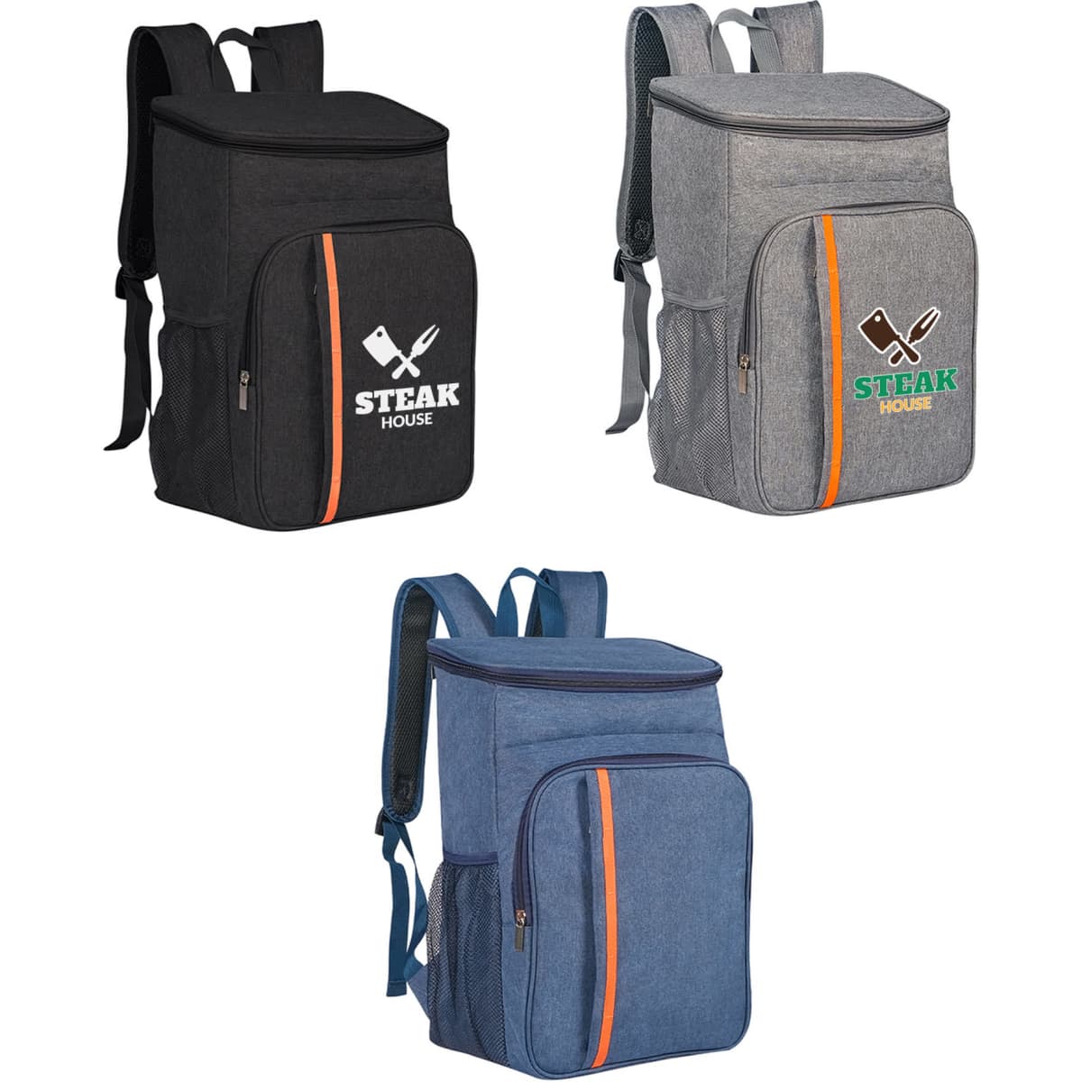 A large capacity cooler backpack in black, grey, and navy with front pockets and logo branding.