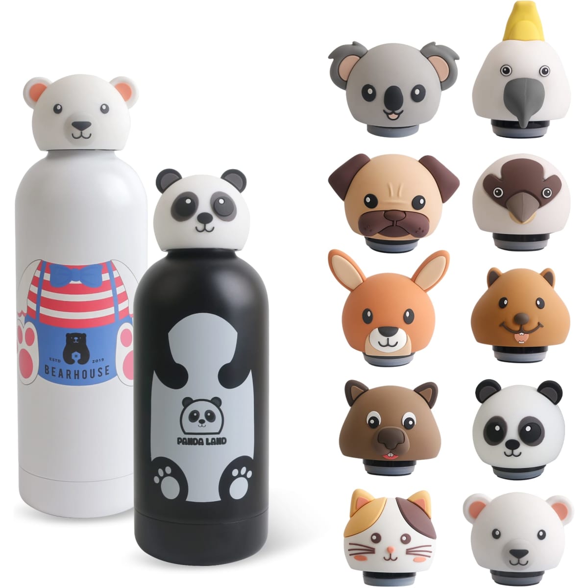 A drink bottle in white and pink with a bear design, and a black bottle with a panda design, featuring various animal heads.