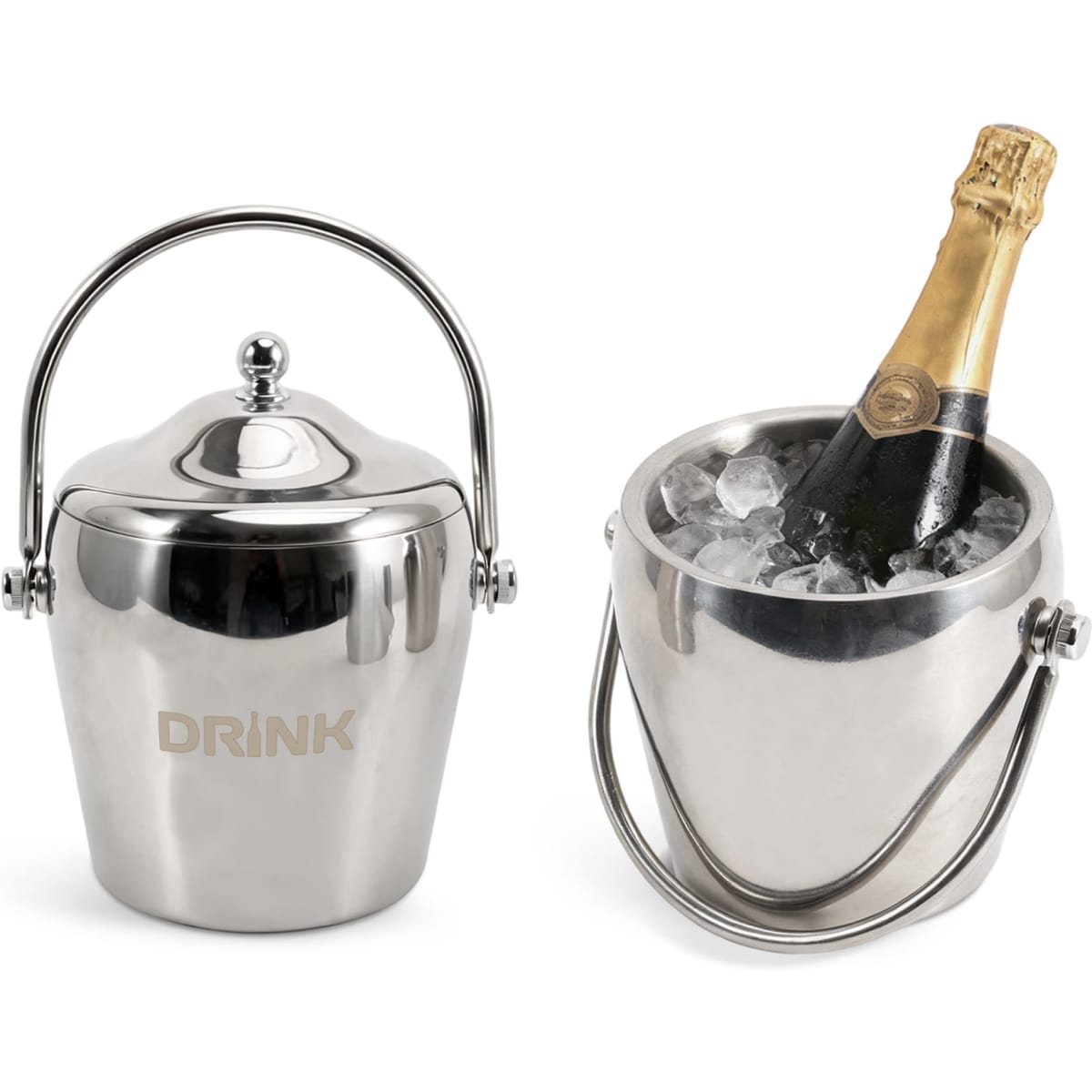 A stainless steel cooler bucket with a handle, filled with ice and a champagne bottle inside.