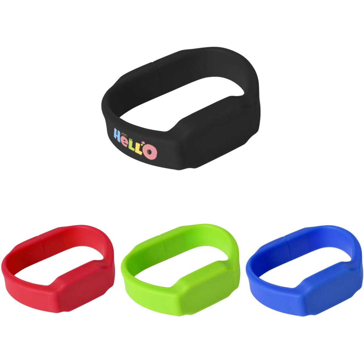 A set of silicone watch flash drives in black, red, green, and blue, featuring a logo on the black drive.