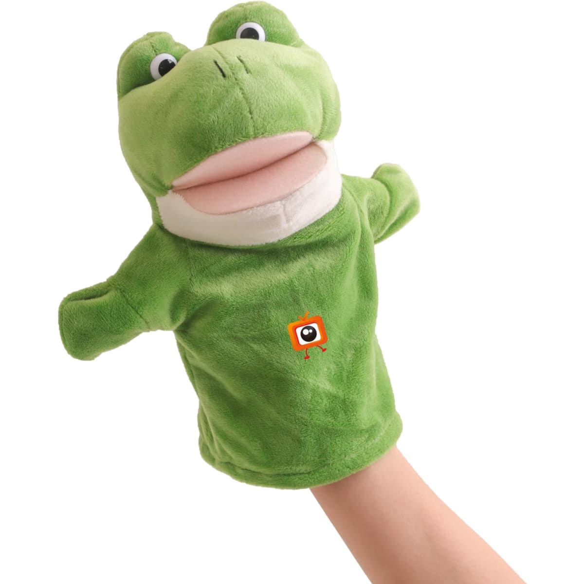 A green frog hand puppet with a smiling mouth and eyes, made from soft plush material, featuring a small logo.