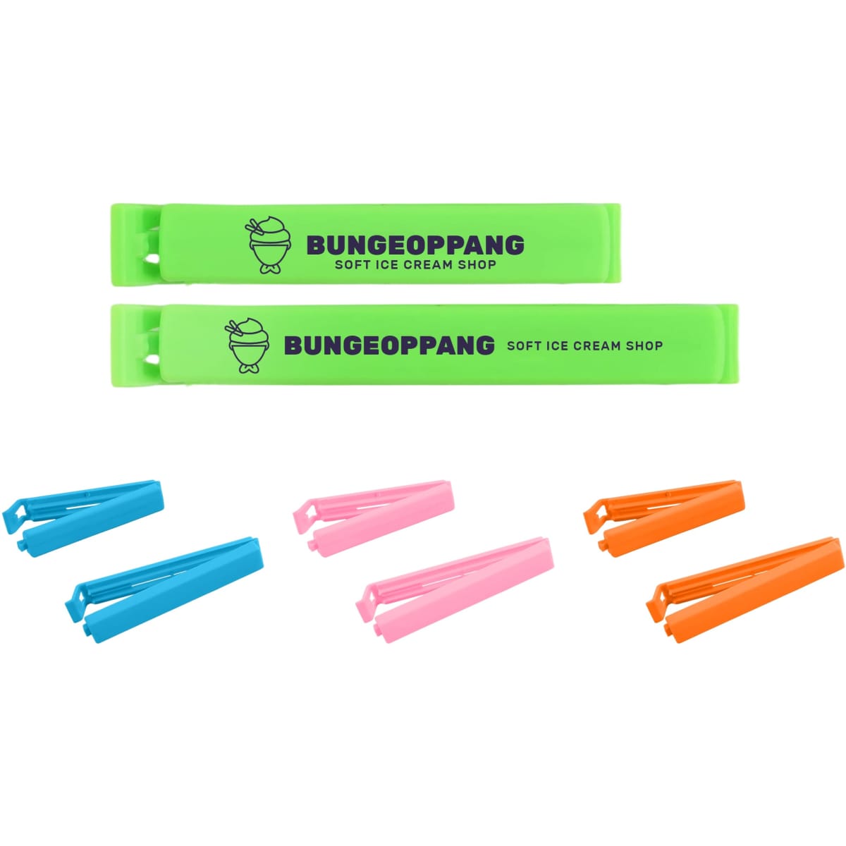 A set of medium food bag seal clips in green, pink, blue, and orange, featuring a logo.