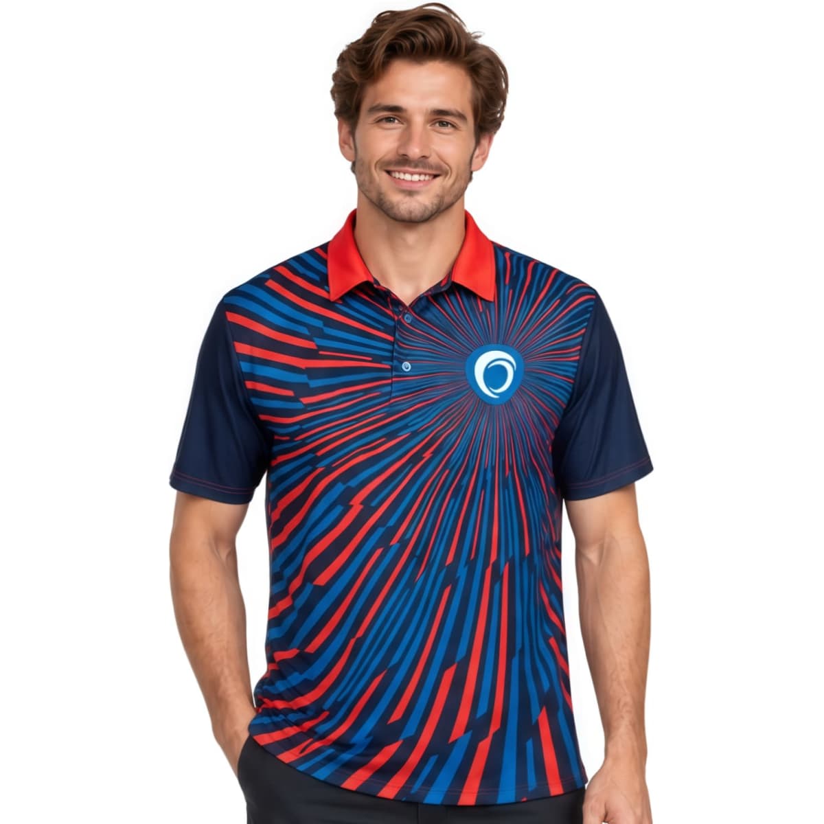 A blue and red patterned polo shirt featuring a logo on the chest and a collar with contrasting colour.