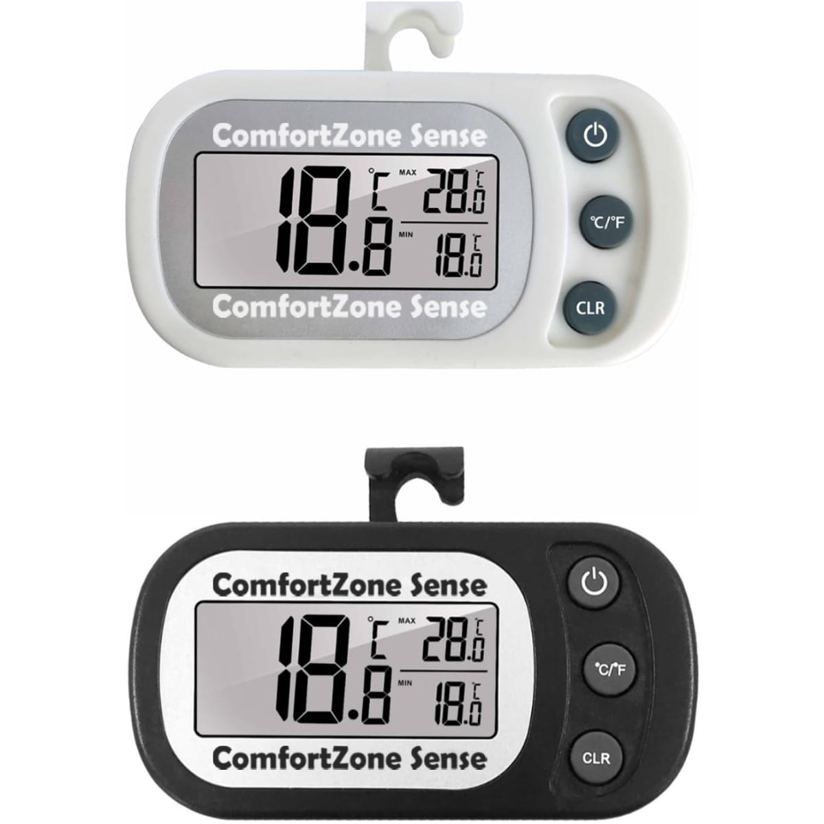 Two ambient thermometers in white and black, featuring digital displays and buttons, each with a hook for hanging.