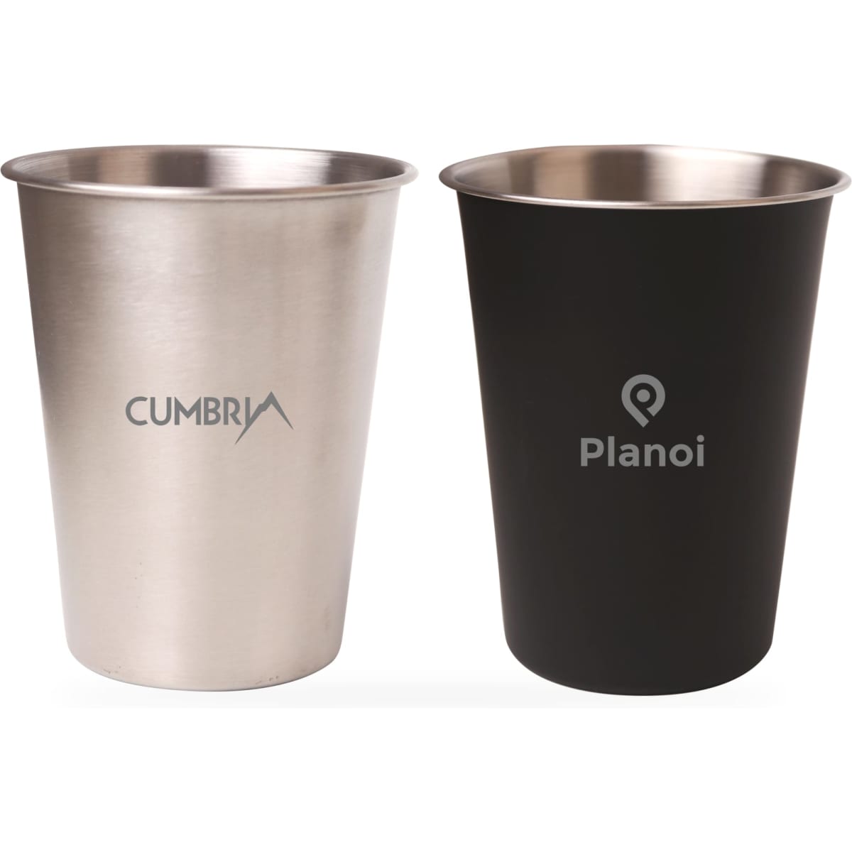A stainless steel cup with a natural finish and a black cup, both featuring branding. Capacity of 350ml.