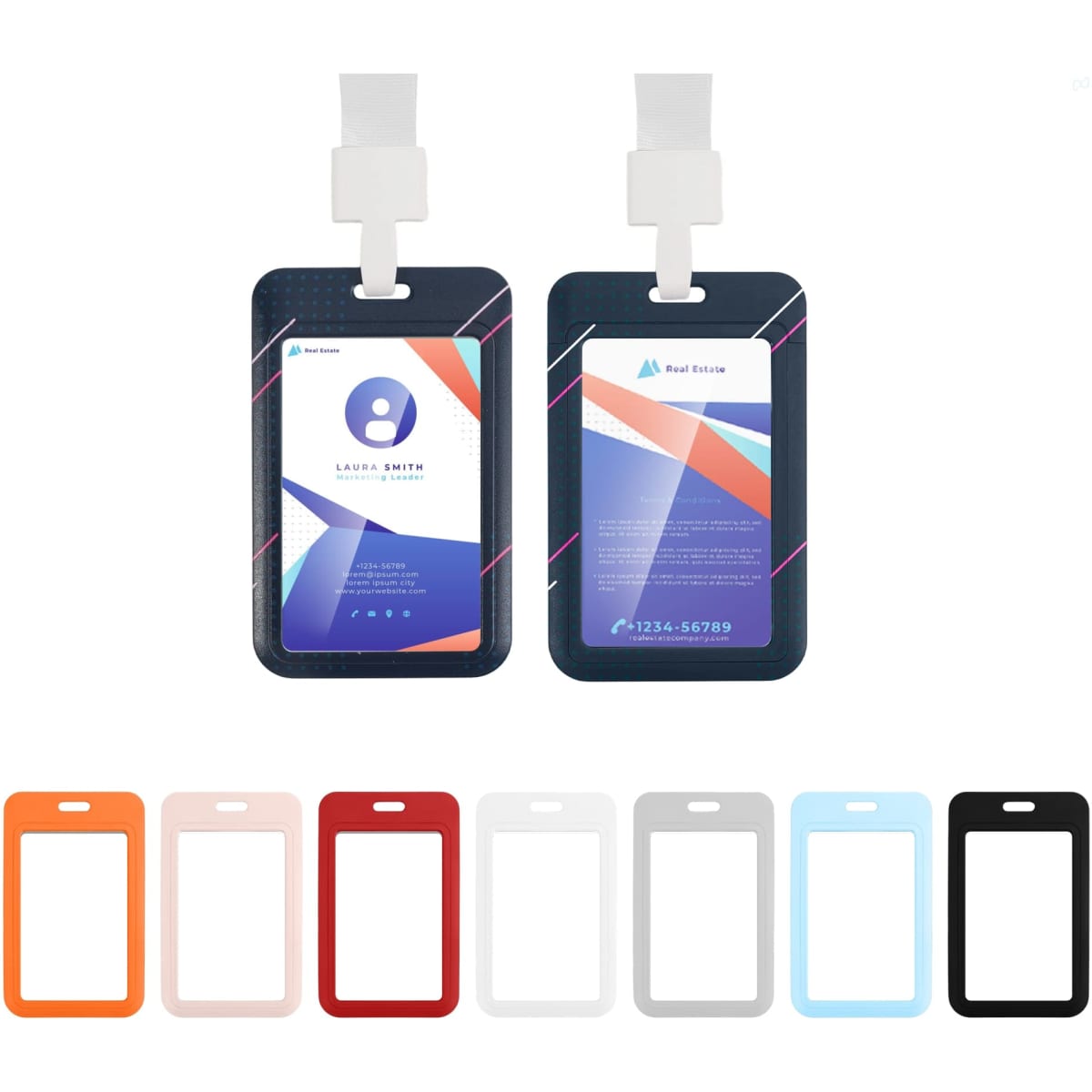A double-sided ID card holder in various colours, featuring a logo and slots for cards.