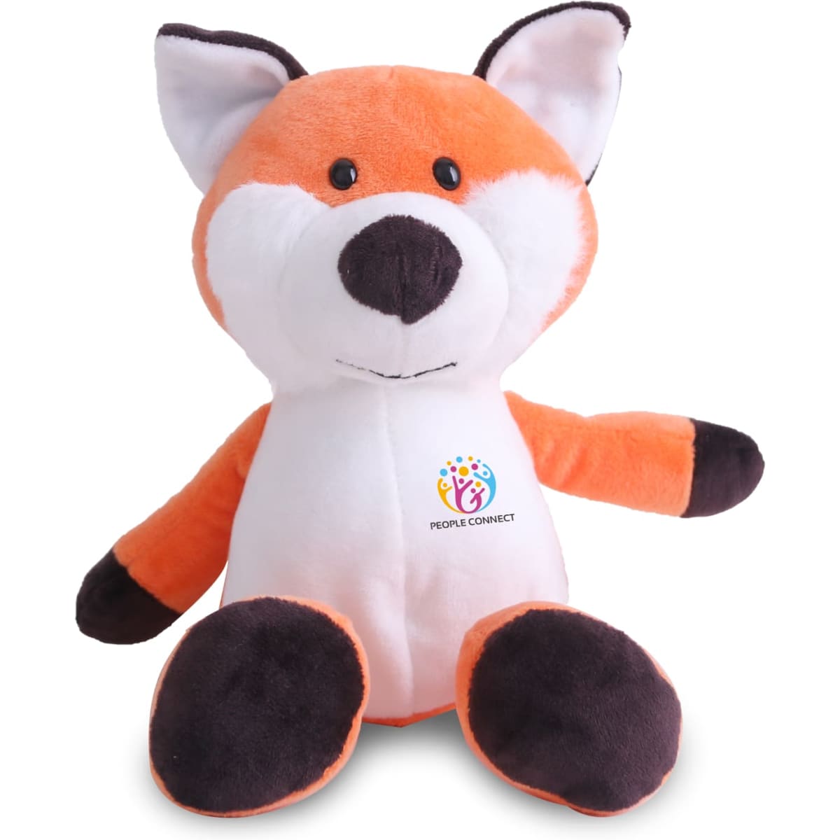 An orange and white fox plush toy with a soft fabric finish and a printed logo. Features black paws and ears.