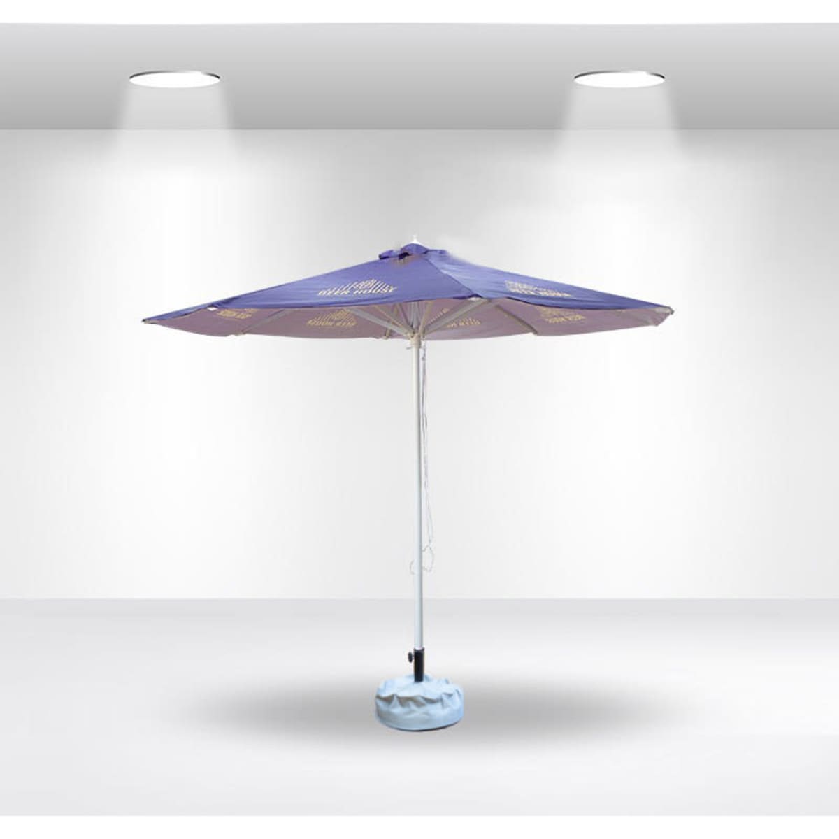 A purple round market umbrella with a light blue base, featuring a central pole and branding.