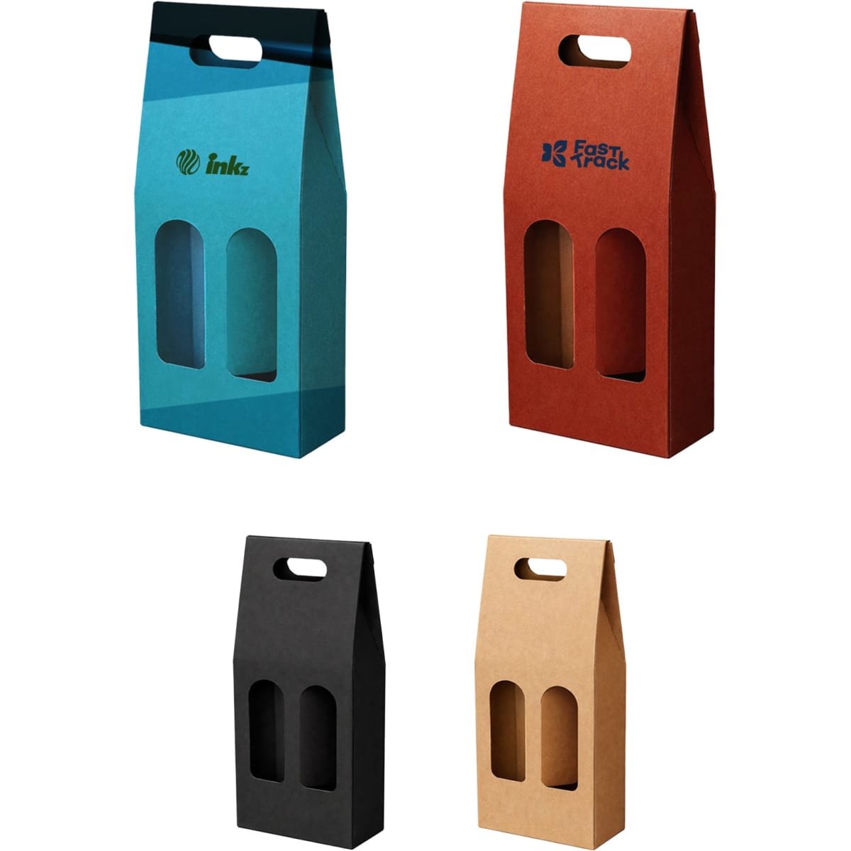 A portable wine box display featuring four designs in blue, brown, black, and kraft paper, each with a logo.