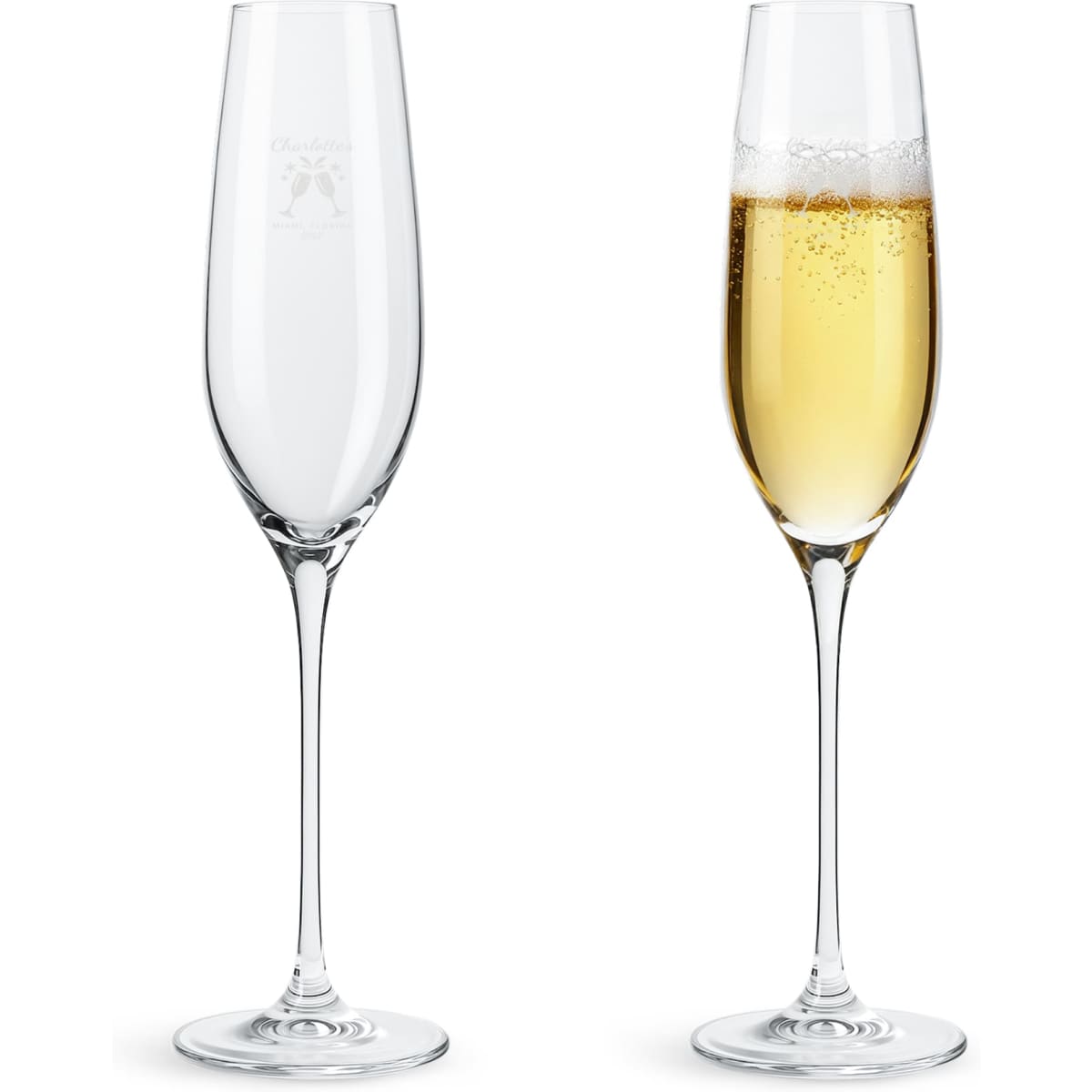 Two elegant classic champagne flutes, one empty and one filled with sparkling champagne, both in clear glass.