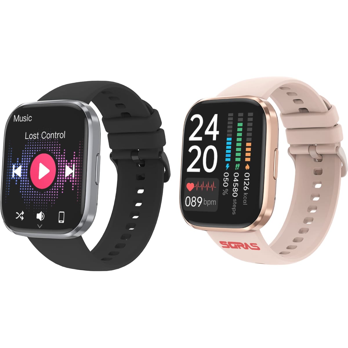 A square smartwatch in black and a rose gold variant, featuring various display interfaces and a logo.