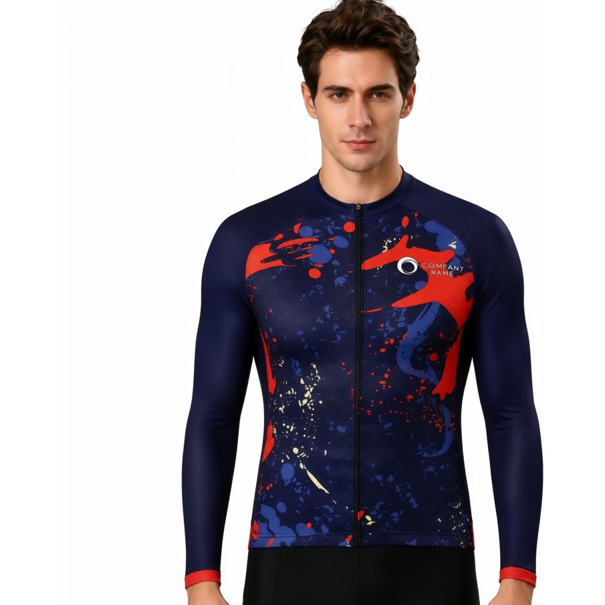 Men's long sleeve cycling jersey featuring a navy base with red and blue splashes and a logo.