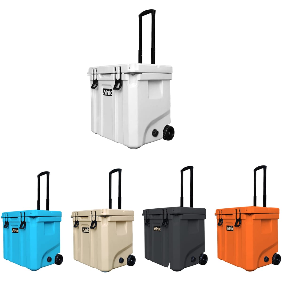 A 31L cooler box with wheels available in blue, cream, grey, and orange. Features a pull handle and a logo.