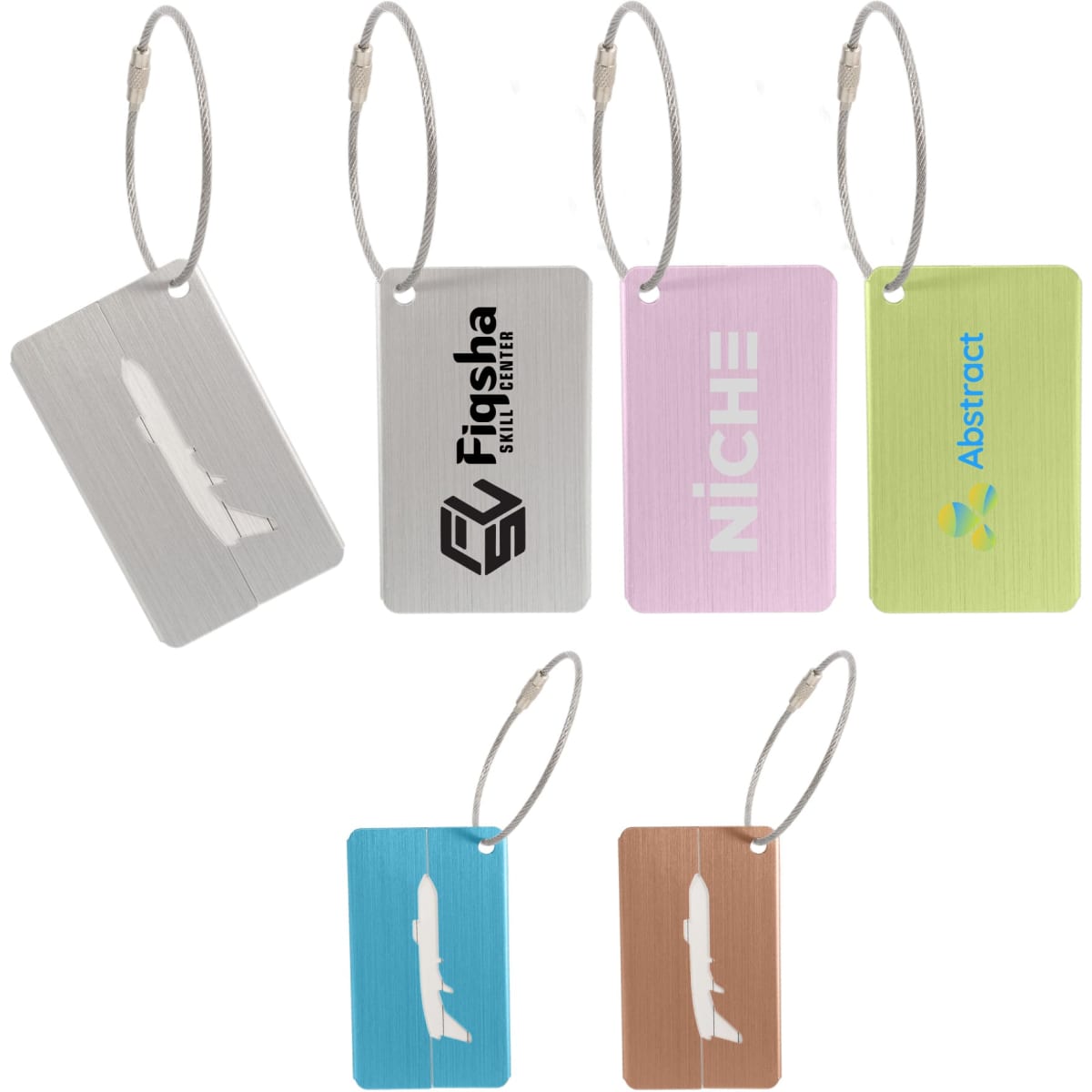 Brushed aluminium luggage tags in various colours, featuring a logo on some, with metal attachment loops.