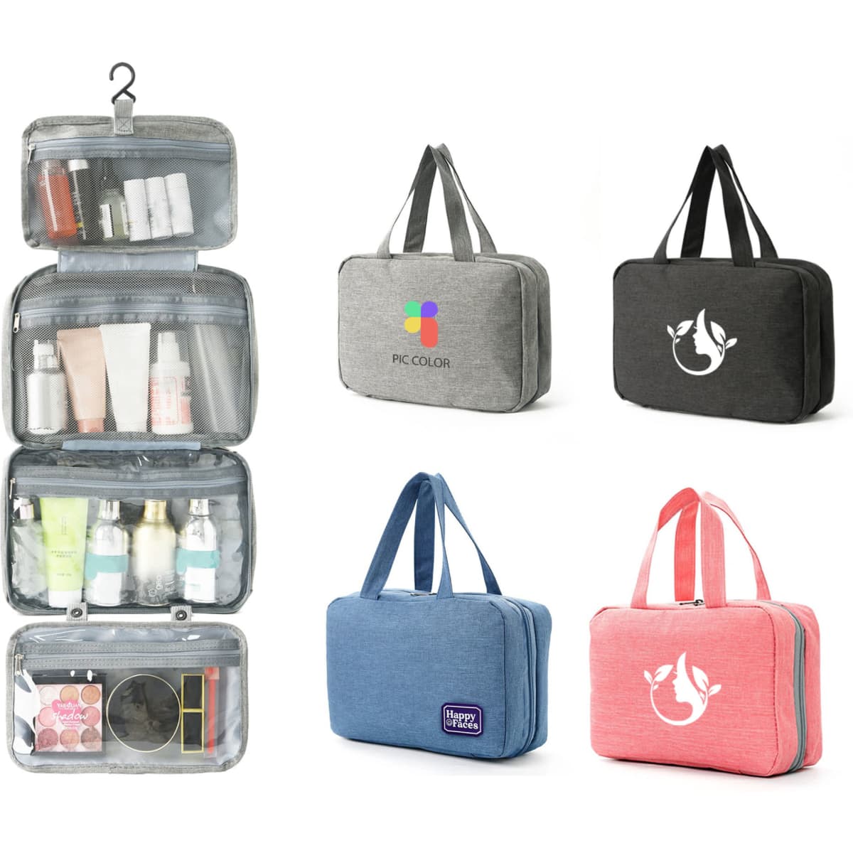 A large capacity hanging toiletry bag in grey, pink, and blue, featuring multiple compartments and a branding logo.
